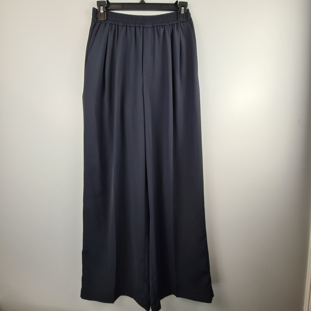Uniqlo Womens XS Navy Blue Wide Leg Pleated Elastic Waist Trousers Pants FLAW